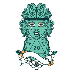 half orc barbarian character with natural twenty dice roll illustration