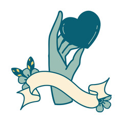 tattoo with banner of a hand holding a heart