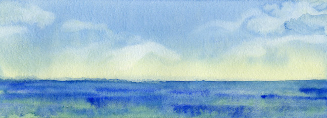 Sea landscape in watercolor. Sunrise, calm sea, skyline.