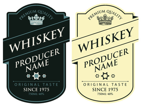 Set of two vector labels for whiskey in the figured frame with crowns and inscriptions in retro style. Premium quality, strong alcoholic beverage collection
