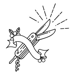 banner with black line work tattoo style folding knife