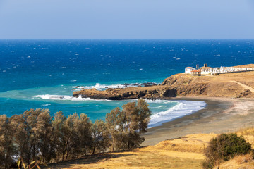 View of the Pachyamos village beach in Cyprus and blue Mediterranean Sea in Summer