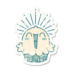 grunge sticker of tattoo style happy singing cupcake