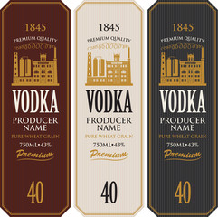 Set of vodka labels with the image of distillery building. Decorative vector labels for vodka in retro style. Premium quality, pure wheat grain, strong alcoholic beverage collection - obrazy, fototapety, plakaty