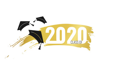Class of 2020. Hand drawn brush gold stripe and number with education academic cap. Template for graduation party design, high school or college congratulation graduate, yearbook. Vector illustration.