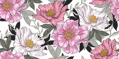 Seamless floral pattern on a white background. Design for wallpaper, fabric, wrapping paper, cover and more. Vector illustration.