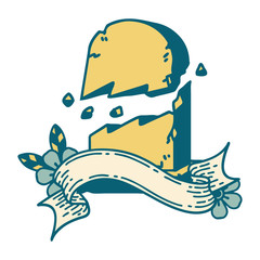 tattoo with banner of a broken grave stone