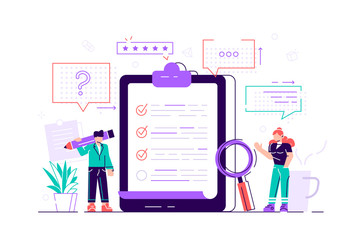 Flat mini persons concept with quality test