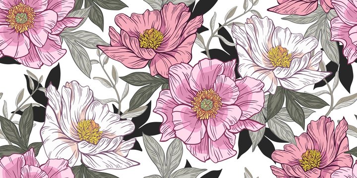 Seamless floral pattern on a white background. Design for wallpaper, fabric, wrapping paper, cover and more. Vector illustration.