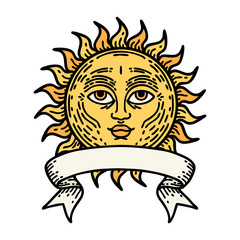 tattoo with banner of a sun with face