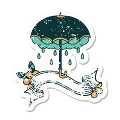 grunge sticker with banner of an umbrella and storm cloud