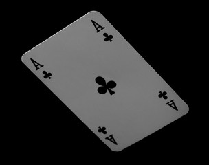 Ace of clubs playing card for poker, gambling and casinos, isolated on black background with clipping path
