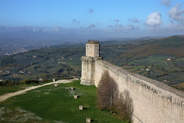 Assisi, Italy - 11/30/2019: Exterior and interior of the medieval major fortress 