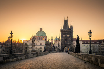 Charles bridge at sunrise, Old Town bridge tower, Prague UNESCO, Czech republic, Europe - Old town