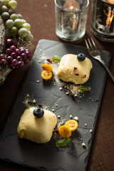 Nut semifreddo in marzipan with strawberry confit