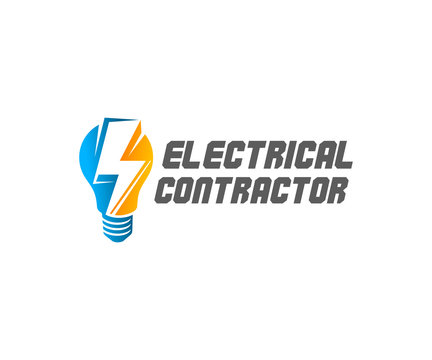 Electrical contractor, light bulb and lightning, logo design. Electric light, construction, electric current and electricity, vector design and illustration