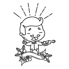 banner with black line work tattoo style man serving wine