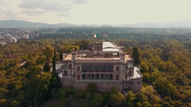 Castillo de Chapultepec aerial view with mexican flag