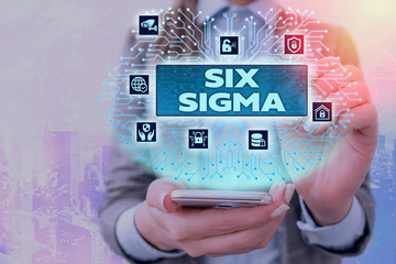 Conceptual hand writing showing Six Sigma. Concept meaning set of management techniques intended to...