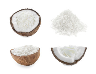 Set with fresh coconut flakes isolated on white