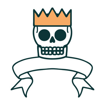 Tattoo With Banner Of A Skull And Crown