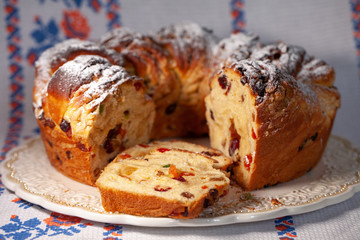 Tasty easter cake. Easter cake. Kulich cake. Traditional babka. Cake for celebration. Easter bakery concept 