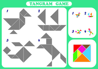 tangram game for kids, icons made with geometry shapes,  Chinese geometrical puzzle, Vector flat style cartoon illustration isolated on white background 