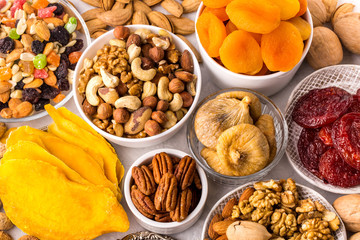Dried fruits and nuts close up. Top view