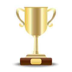 Gold cup on a stand with a sign for inscription. Vector illustration. Stock drawing.