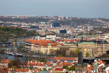 Spring Prague City with green Nature and flowering Trees from the Hill Petrin, Czech Republic