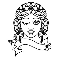 black linework tattoo with banner of a maidens face winking
