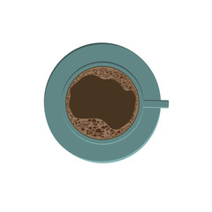 A cup of coffee of turquoise color with bubbles, top view. Vector illustration. Stock drawing.