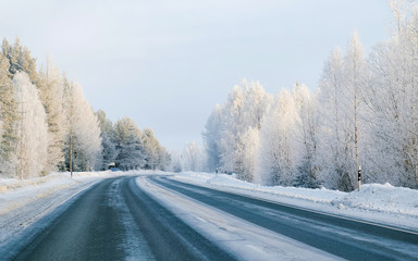 Winter road and Snowy Forest in Cold Finland reflex
