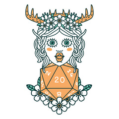 elf druid character with nautral twenty dice roll illustration