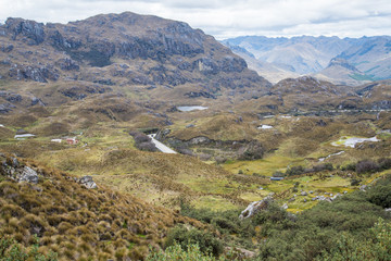 Panoramic view point in the Andes, with green valley and cloudy sky. Ecuador