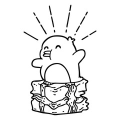 traditional black line work tattoo style penguin sitting on present