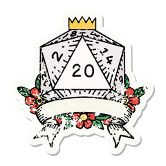 natural 20 critical hit D20 dice roll grunge sticker