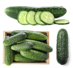 Set with whole and sliced cucumbers on white background