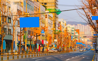 Road in center of Busan in morning reflex