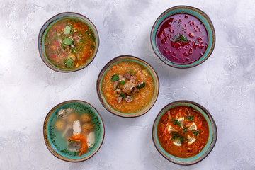 5 types of soup. Sterlet and pike perch fillet fish soup, Lamb shurpa soup, classic beef and vegetable soup, Borsch with beef, meat solyanka. Eastern and russian cuisine. Dish from a restaurant menu