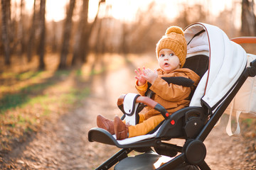 Baby boy in warm jacket and hat sitting in modern stroller on a walk in a park.