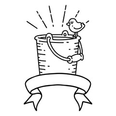 banner with black line work tattoo style bird perched on bucket of water