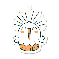sticker of tattoo style happy singing cupcake
