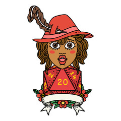 human bard character with natural 20 dice roll illustration