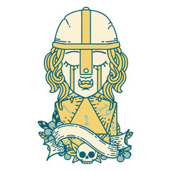 crying orc fighter character face with natural one D20 roll illustration