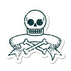 grunge sticker with banner of a skull and bones