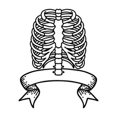 black linework tattoo with banner of a rib cage
