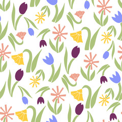 Cute colorful pattern with spring flowers and leaves. Seamless floral background in flat style. great for textile, wrap, wallpaper