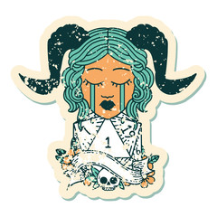 crying tiefling with natural one D20 dice roll illustration