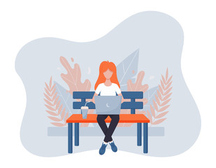 The concept of remote work.Redhead girl sitting cross-legged on a park bench and working in a laptop. Color vector illustration.flat style. Abstract background with leaves. Reusable glass with a straw
